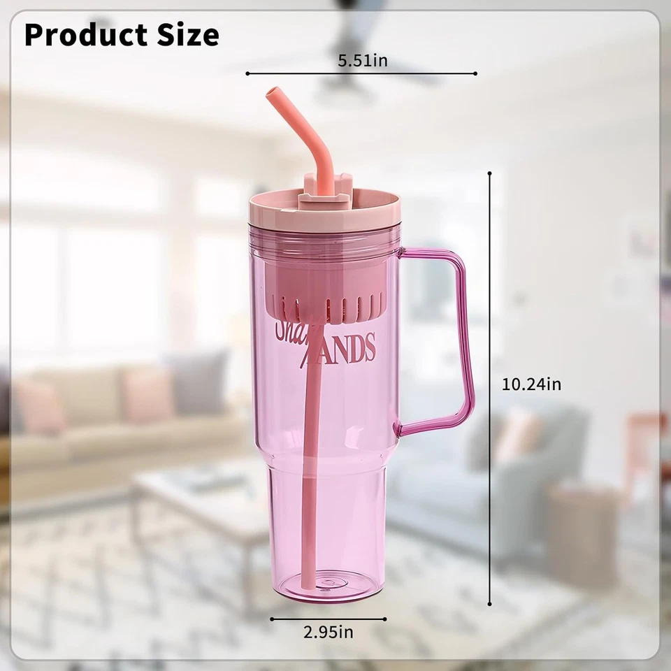 Vasos transparentes de 40 oz con tapa y mango y pajita, plástico a prueba de fugas sin BPA Foto 4 de 4