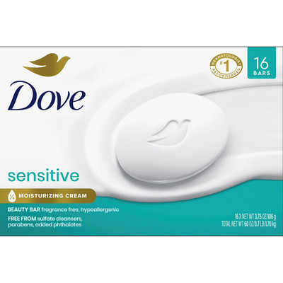 Dove Sensitive Skin Beauty Bar Soap 16 Pack 3.75oz Fragrance Free Hypoallergenic