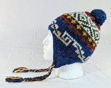 Colorful Soft Alpaca Chullo Blue Beanie Pom Pom Earflap Unisex Handmade Boho