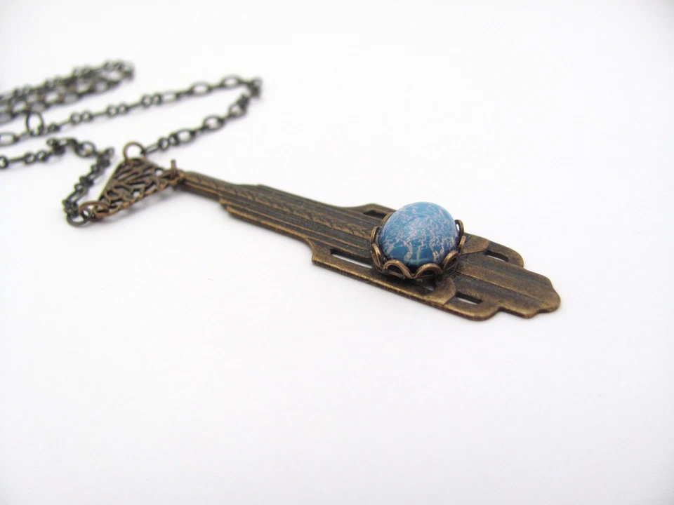 Collar Art Deco Colgante Cristal Ópalo Azul Estilo Vintage Ant. Cadena de latón Cosplay Foto 4 de 4