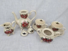 Lily Creek Porcelain Tea Set Poinsetta Teapot- Creamer- Sugar With 2 Cups/saucer