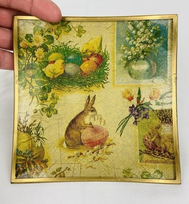 Vintage Easter Dish Plate 5.75  Decoupage Style Gold Foil Bunny Rabbit Chicks 