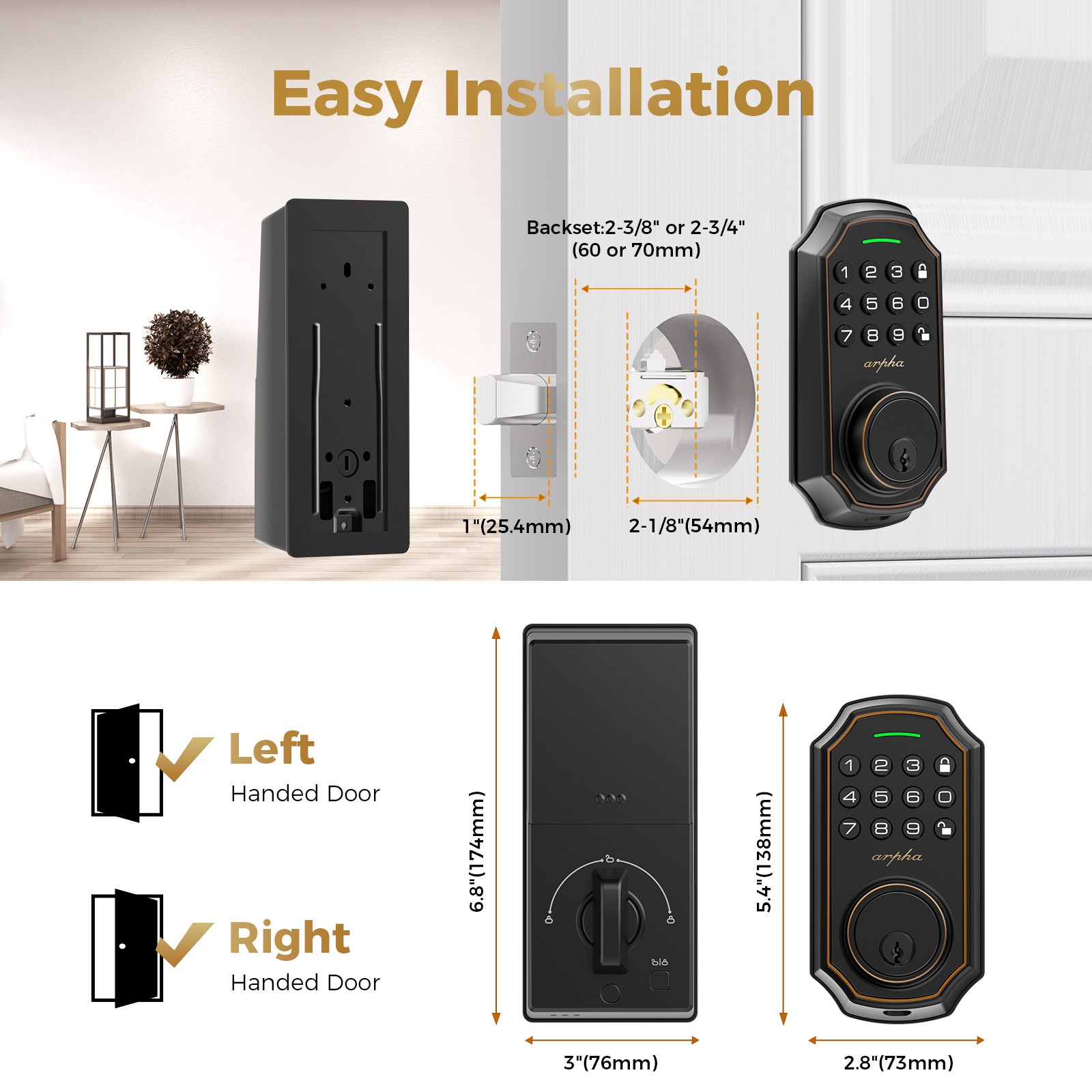 ARPHA Keyless Smart Door Lock Anti-Peeping Password Electronic Keypad Entry 8