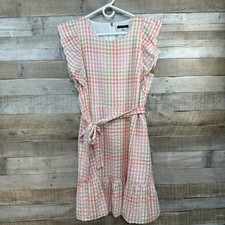 Tommy Hilfiger Pink Gingham Seersucker Ruffle Dress Womens 14 Plaid Belted Mini