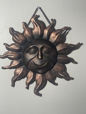 Metal Sun Wall Sculpture with a Smiling Face Bronze or Copper Style Finish 12 