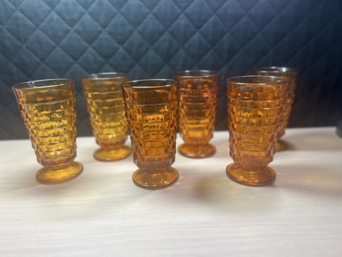 Set of 6 Iced Tea Glasses Vintage Indiana Amber Cube Cubist Footed 6” Tall - Bild 2 von 7