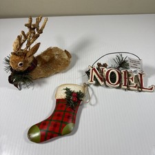 Pier 1 Sisal Bottle Brush Reindeer 6x5 NOEL 6x3 And Plaid Stocking Ornaments