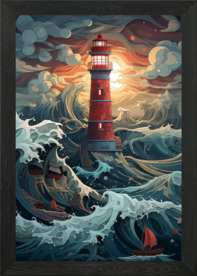 Lighthouse in the storm Framed Wall Art Poster Canvas Print Picture