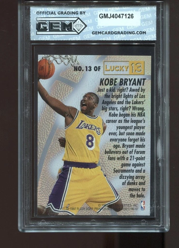 Kobe Bryant Rookie 1996-97 Fleer Lucky 13 #13 RC Card NBA Lakers GEM MINT 10 - Image 2 of 2