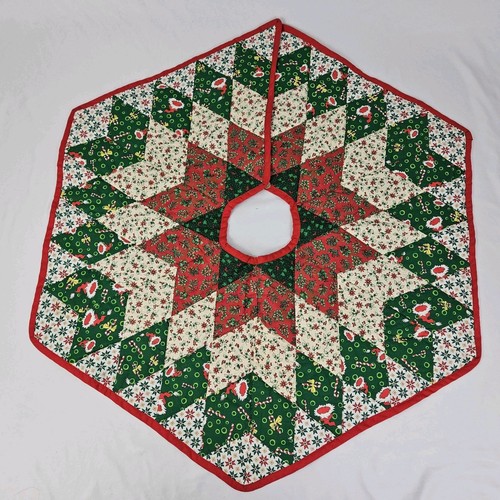 Handmade Patchwork Christmas Tree Skirt 2 Sided Quilted 34" Hexagon Vintage