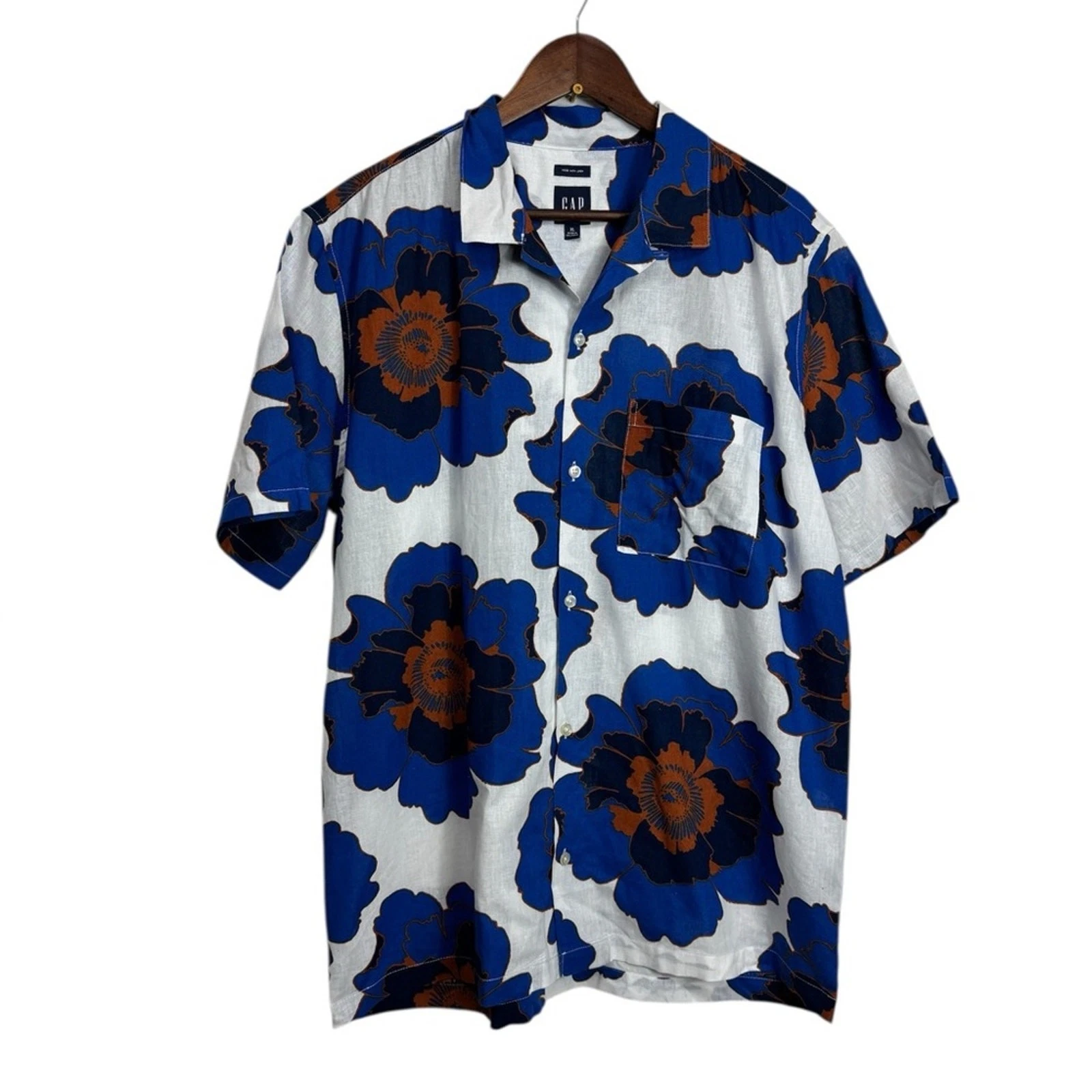 GAP Men Linen-Cotton White & Blue Floral Button Down Shirt Resort Vacation XL