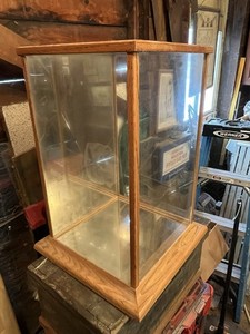 Vintage Oak Wood Display Case Mirrored Bottom.