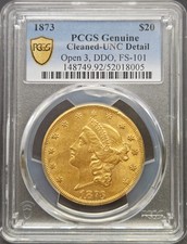 1873 $20 Liberty Head Gold Double Eagle ? PCGS Genuine, Cleaned, Open 3, UNC