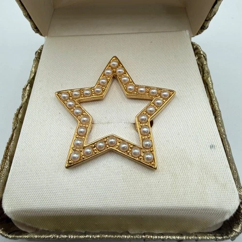 Vintage Gold Tone Star Brooch Faux Pearl Open Star Costume Jewelry Pin