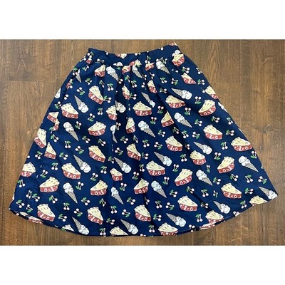 ModCloth Navy Blue Cherry Pie Ice Cream Novelty Print A-Line Skirt Small Retro