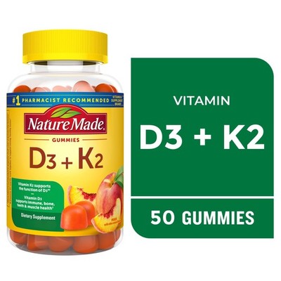 Nature Made Vitamin D3 + K2 Gummies, Bone, Muscle & Immune Support, 50 Count