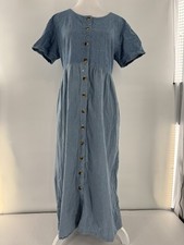 VTG L.L. Bean Dress Sz 10 Midi Button Front Cottagecore 90  s Grandma Chore Blue
