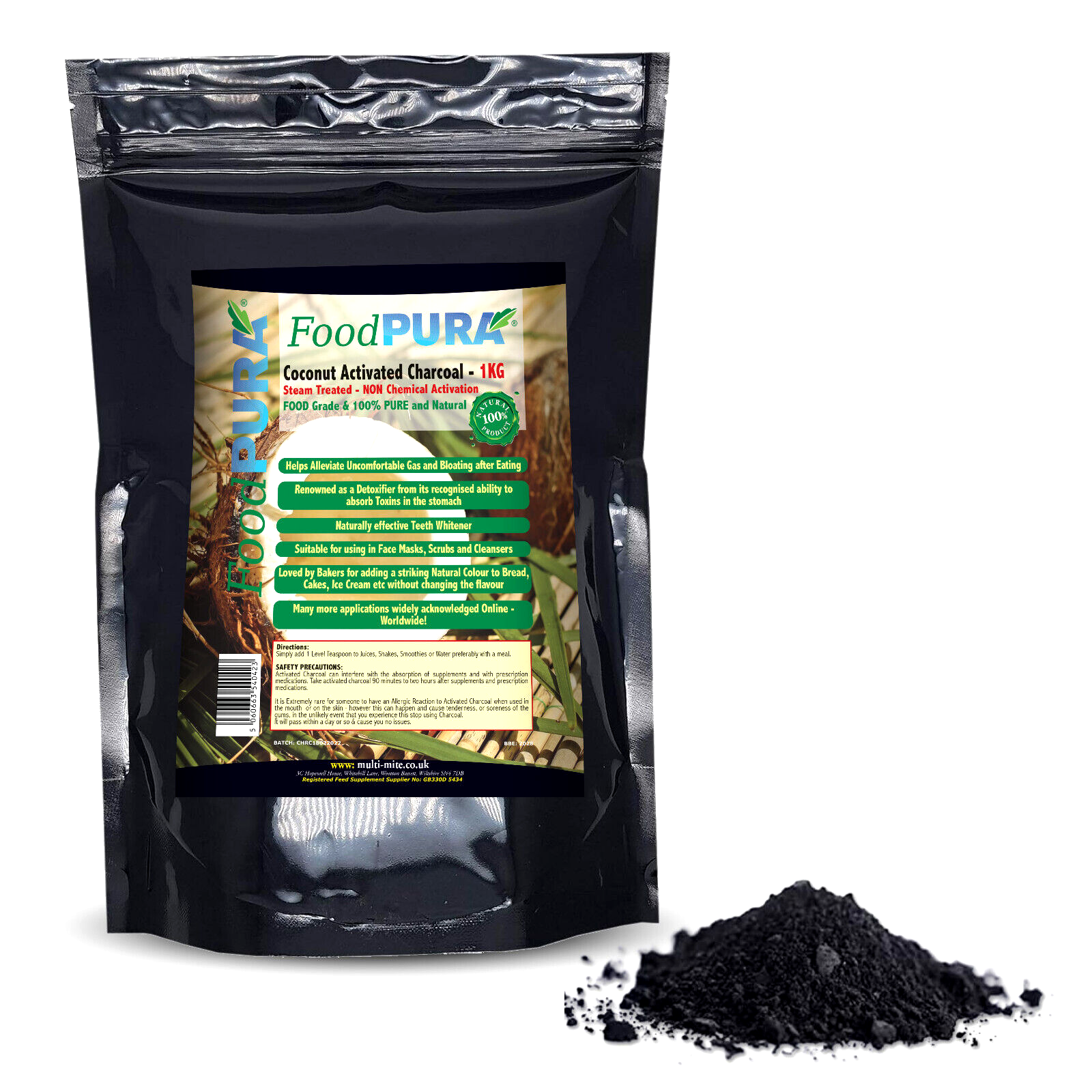 FoodPURA 1KG 100% Coconut Activated Charcoal Food Grade Bloating Detox Teeth