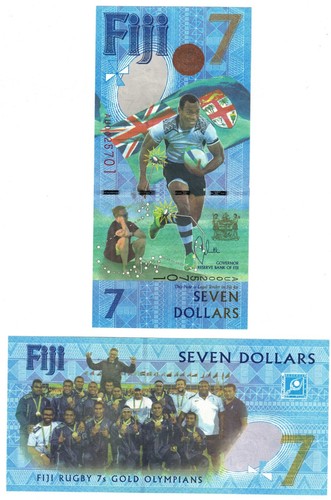 2017 Fiji 7 Dollars Banknote Polymer UNC P120 Gold Olympians Rugby - Picture 1 of 2