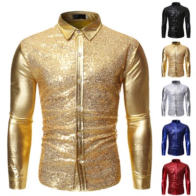 Herren 80er Jahre Glänzende Metallischer Hemden Vintage Disco Kostüm Cosplay