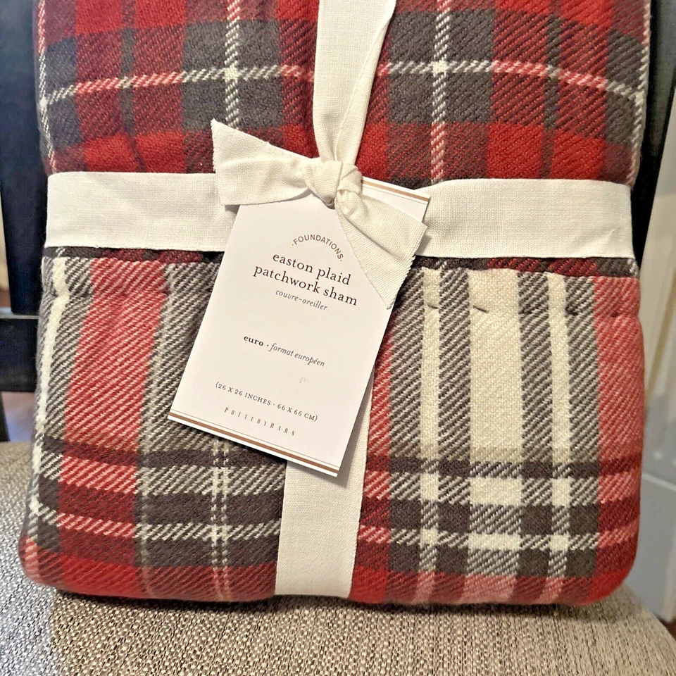 Pottery Barn клетчатая подушка SHAM праздник нашивка Рождественский домик имбирь красный белый - Изображение 2 из 4