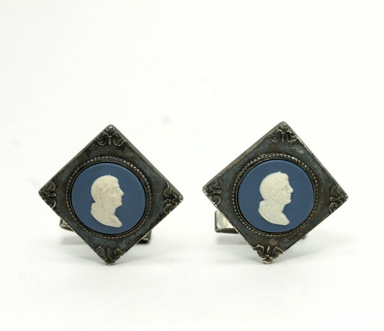 Vintage Sterling Silver Blue & White Resin Cameo Cufflinks 925