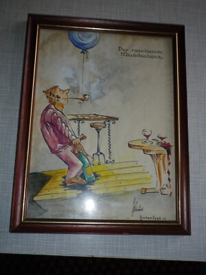 Schiebel  Der rauchende Mundschenk Aquarell Karikatur Gartenfest Degerloch Top !