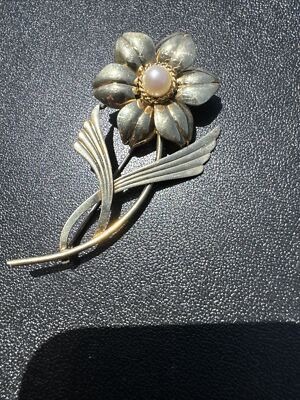 symmetalic sterling + 14k flower pin brooch with Pearl Free