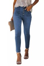 Women Medium Blue Button Fly Skinny Jeans Front Pocket Stretch Women's Sz M