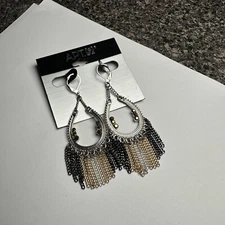 Apt. 9 Tri Tone & Brown Rhinestone Dangle Drop Chain Fringe Pierced Earrings NWT