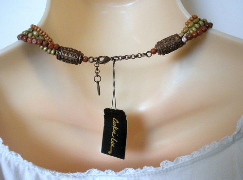 "Collar colgante con cuentas de flor de cobre marrón naranja de varias hebras Cookie Lee 16" - Imagen 7 de 7