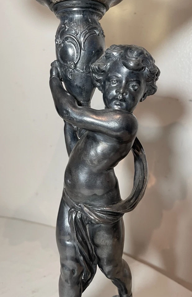 antique ornate silverplate cherub figural blown glass centerpiece tazza compote - Image 4 of 4