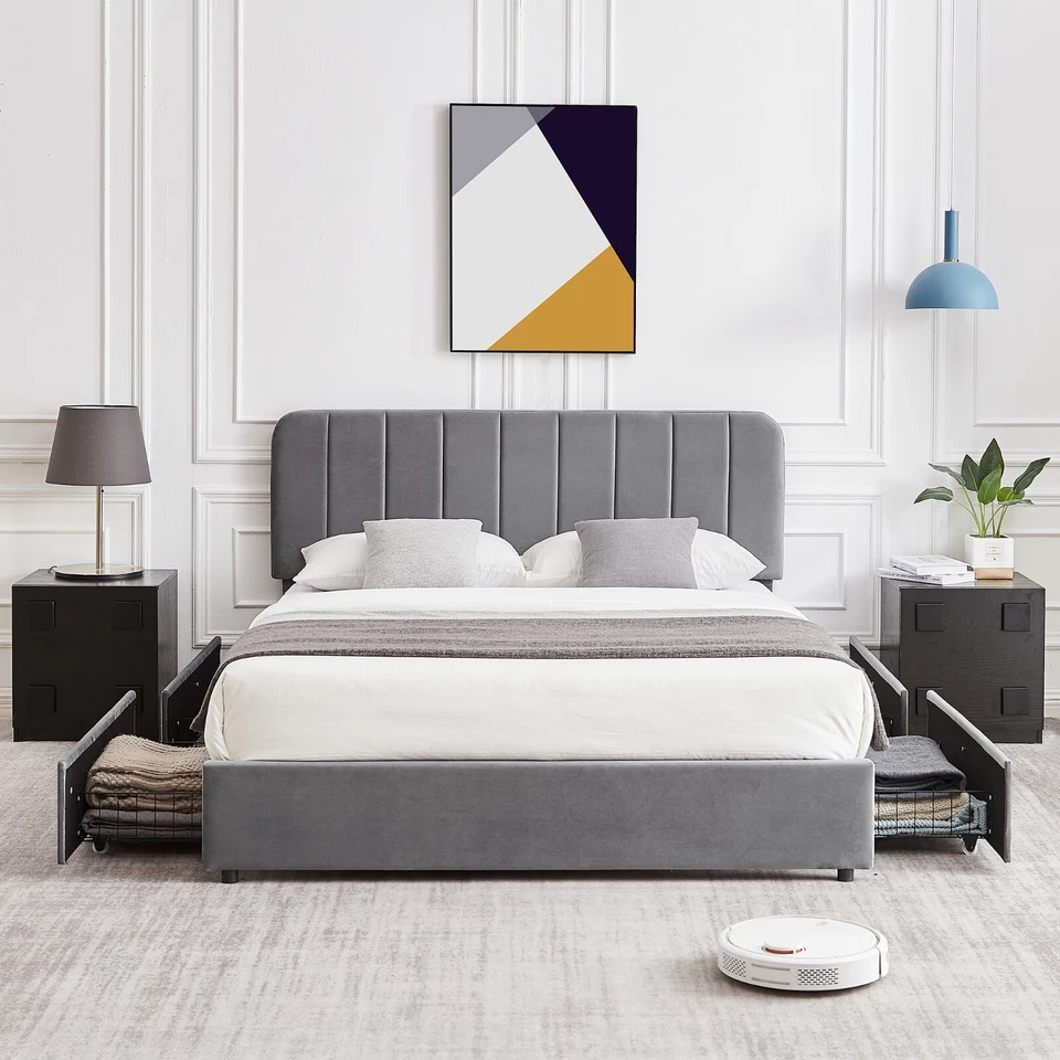 Upholstered Bed Frame + 4 Storage Drawer Platform Queen Full Size with Headboard - Image 4 of 4