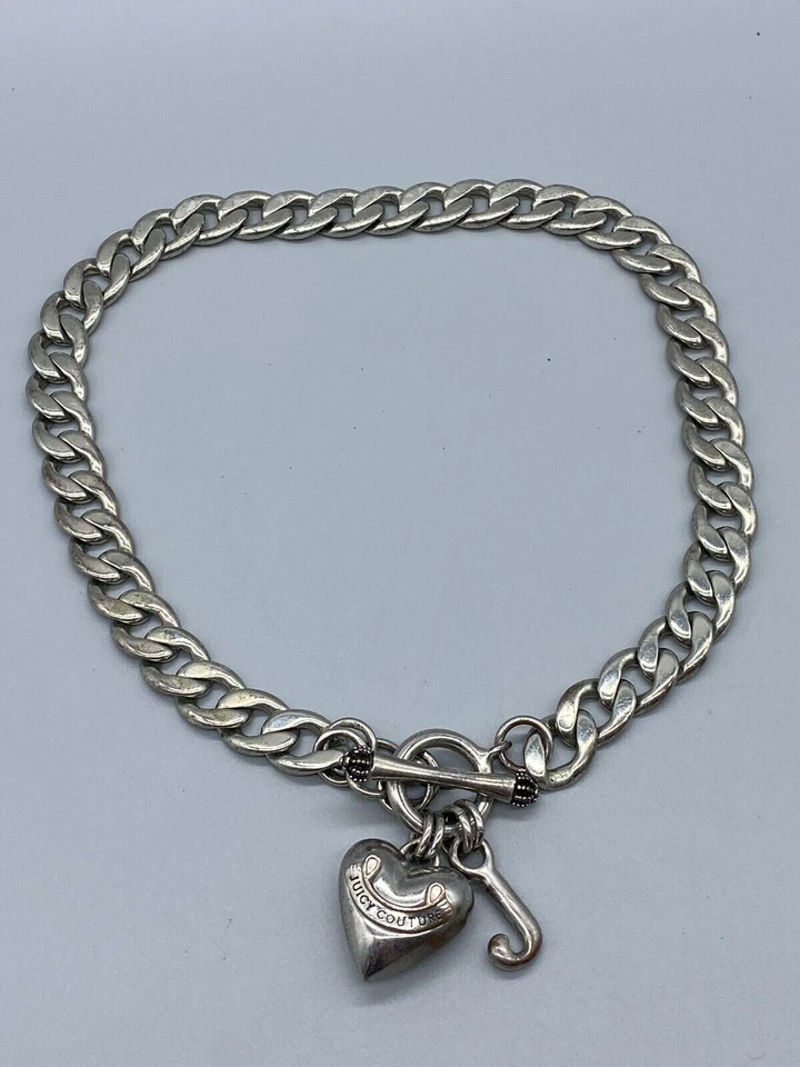 Juicy Couture Silver Tone Choker Chain Link Toggle Clasp Heart J Charms Necklace - Image 3 of 4