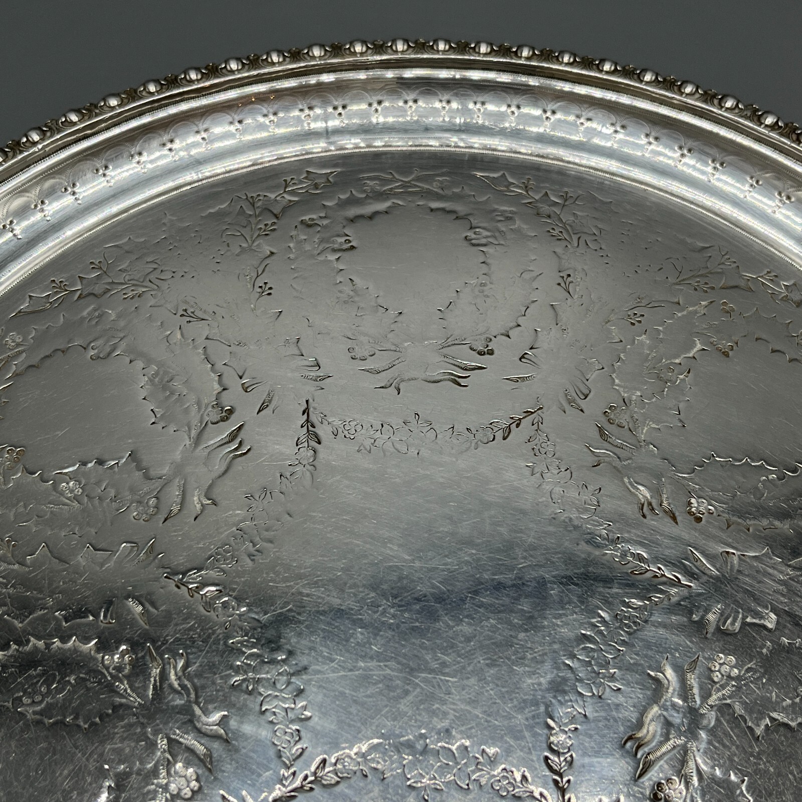 Antique Victorian Silver Plate Waiter Tray Salver Round 19thC Xmas Holly Wreaths