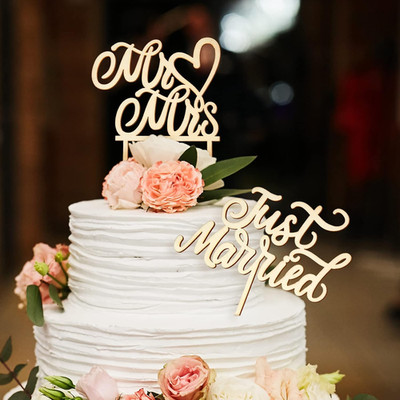 2 Stück Holz Cake Topper Hochzeit Hochzeitstorte Deko für Mr Mrs Tortenstecker B