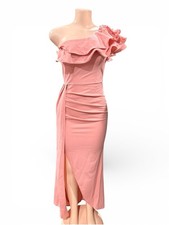 Pink One Shoulder Ruched Ruffle Bodycon Midi Dress Sleeveless Women