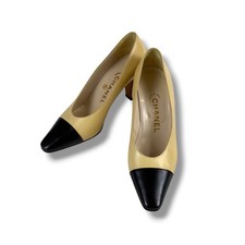 CHANEL Pumps Cap Toe Bicolor Leather Black Beige Women's Size EU36/US6