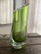 Mid Century Modern Green Murano Style Art Glass Vase Heavy Thick Glass