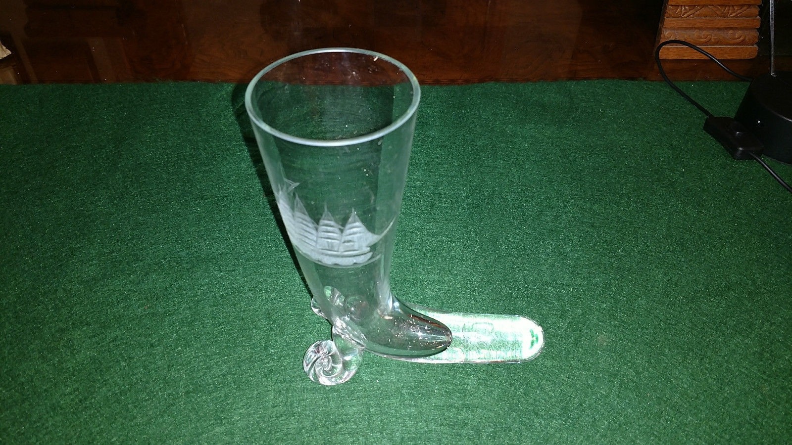 Drinking Glass Boot Shaped with Etched Nautical Clipper Ship 8"