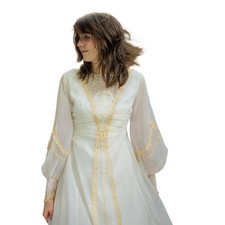 Vintage 1970s Renaissance Medieval Wedding Dress, Cream Chiffon Lace Gown, Small