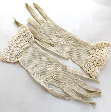 Victorian Edwardian Handmade Ivory Crochet Lace Gloves Irish Floral Coquette Tea