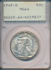 1943-S WALKING LIBERTY SILVER HALF DOLLAR **PCGS CERTIFIED MS 64** SHIPS FREE!!