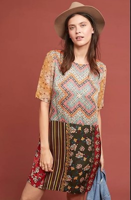 Tiny Anthropologie M Patchwork Floral Tunic Dress Boho Festival Brown Green