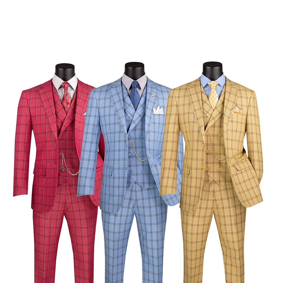 Traje de 3 piezas Vinci para hombre ajuste moderno solapa pico Glen a cuadros con chaleco frambuesa Foto 2 de 2