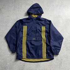 Vintage 90s Adidas Windbreaker Striped Hooded Jacket Sz. L Navy Yellow Half Zip