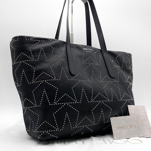Jimmy Choo Sofia M Graphic Star Studded Leather Tote Bag Black Silver Authentic