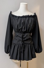 Steampunk Renaissance Blouse Smocked Corset Off Shoulder Peasant Black M/L