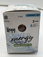 L'eggs Sheer Energy Medium Leg Support Control Top Tights 2 Pairs Nude Sz B USA