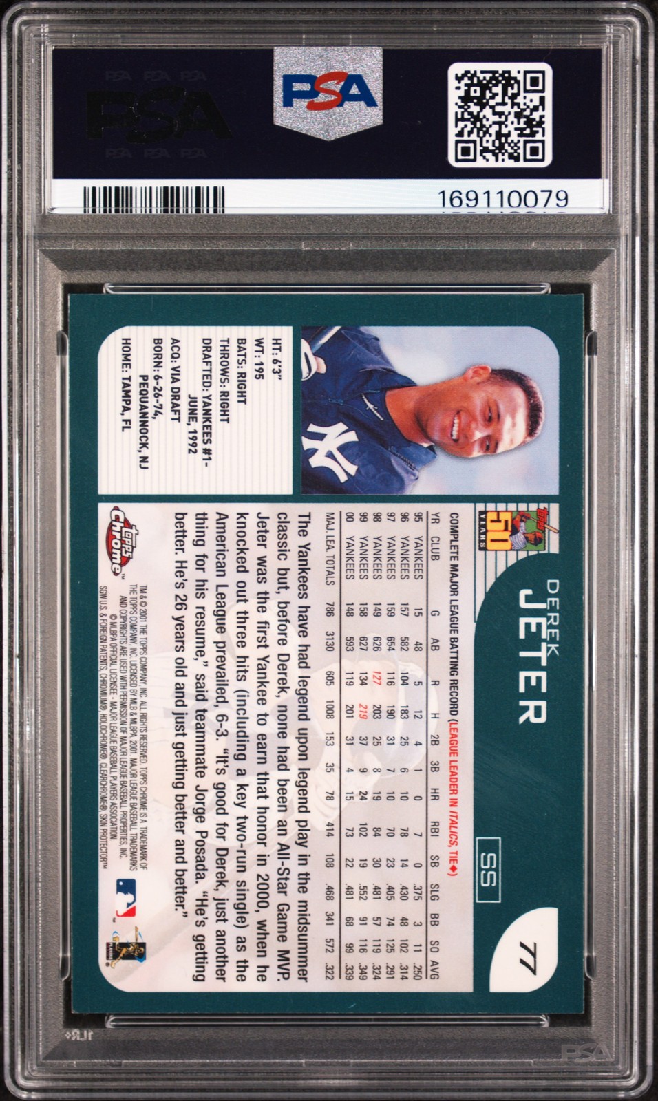 2001 TOPPS CHROME #77 DEREK JETER PSA 7 view 2